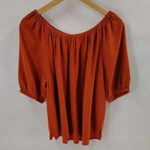 LOFT Blouse Size Large Fall Orange Color Elastic Neck &  Short Sleeve Relaxed